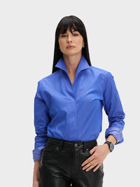 Button Down SF cornflower blue cotton silk blend shirt with flared collar, concealed placket, and chamfer cuffs.