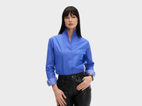 Button Down SF cornflower blue cotton silk blend shirt with flared collar, concealed placket, and chamfer cuffs.