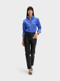 Button Down SF blue cotton silk blend shirt with flared collar, concealed placket, and chamfer cuffs.
