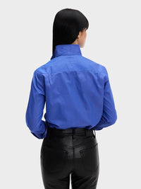 Button Down SF blue cotton silk blend signature shirt with flared collar and chamfer cuffs.