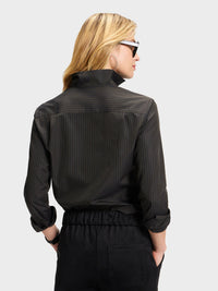 Button Down SF black and olive stripe cotton shirt with flared collar and concealed placket.