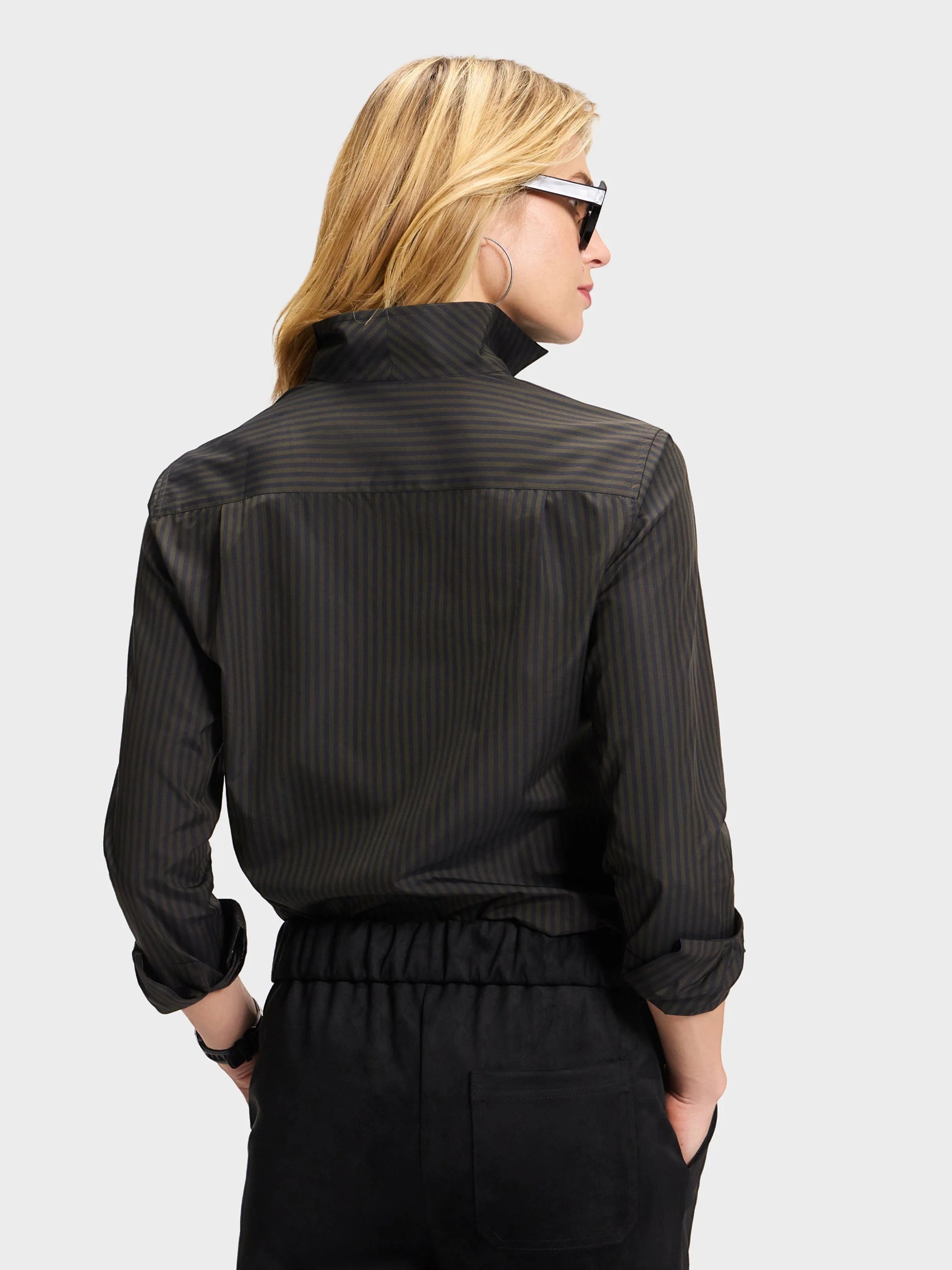 Button Down SF black and olive stripe cotton shirt with flared collar and concealed placket.