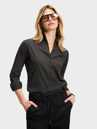Button Down SF black and olive stripe 100% cotton shirt with flared collar, concealed placket, and chamfer cuffs.