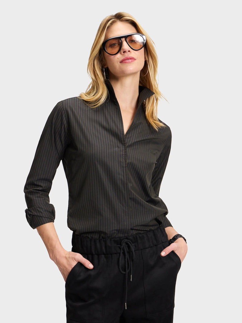 Button Down SF black and olive stripe 100% cotton shirt with flared collar, concealed placket, and chamfer cuffs.
