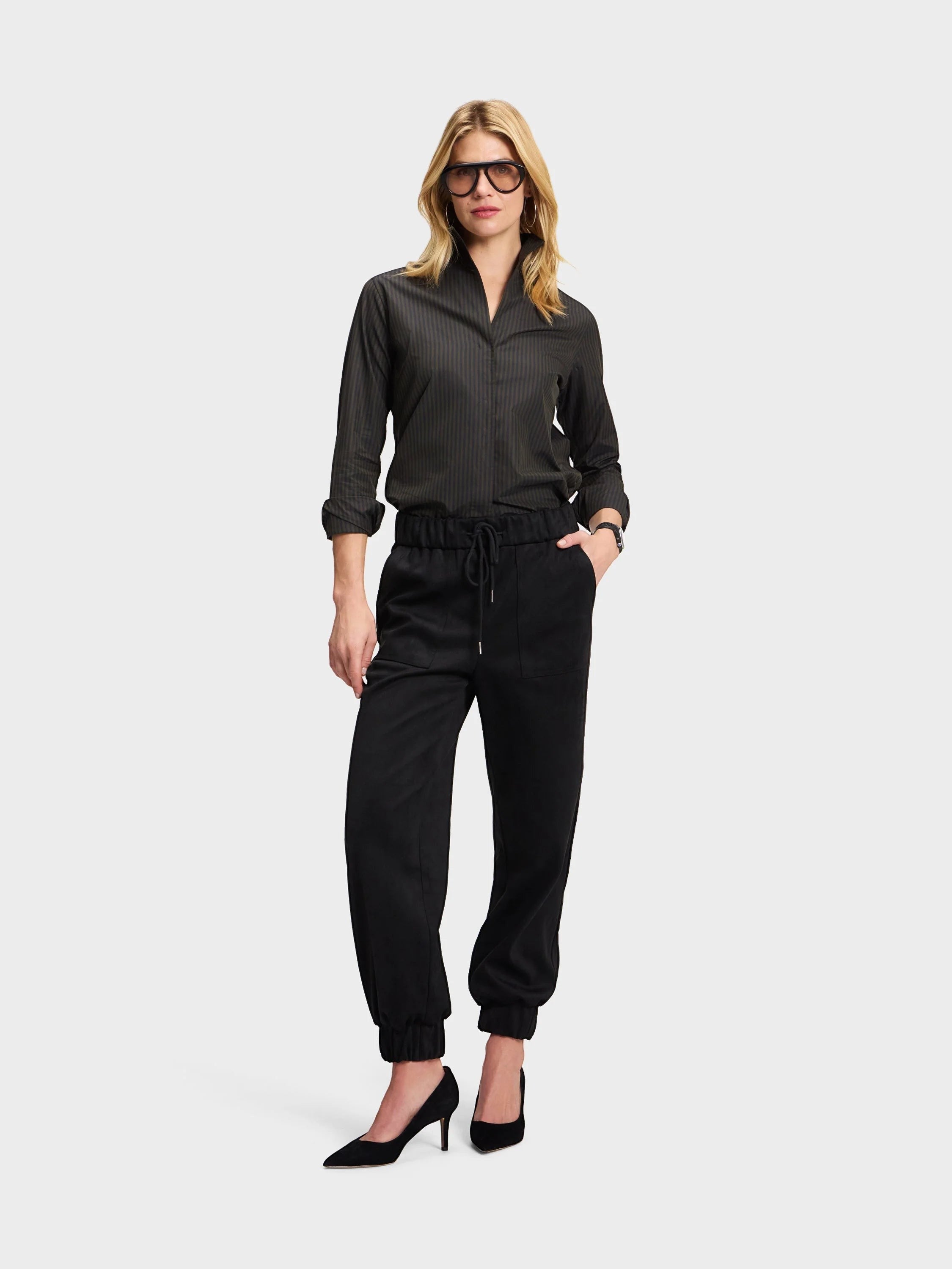 Button Down SF black and olive stripe 100% cotton shirt with flared collar, concealed placket, and chamfer cuffs.