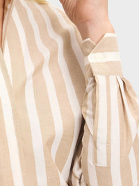 Button Down SF khaki and white striped organic cotton linen shirt with flared collar and chamfer cuffs.