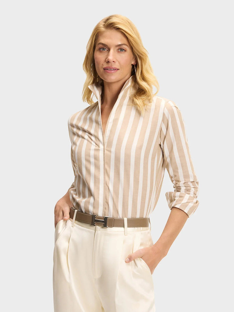 Button Down SF khaki and white striped organic cotton and linen shirt with a flared collar and chamfer cuffs.