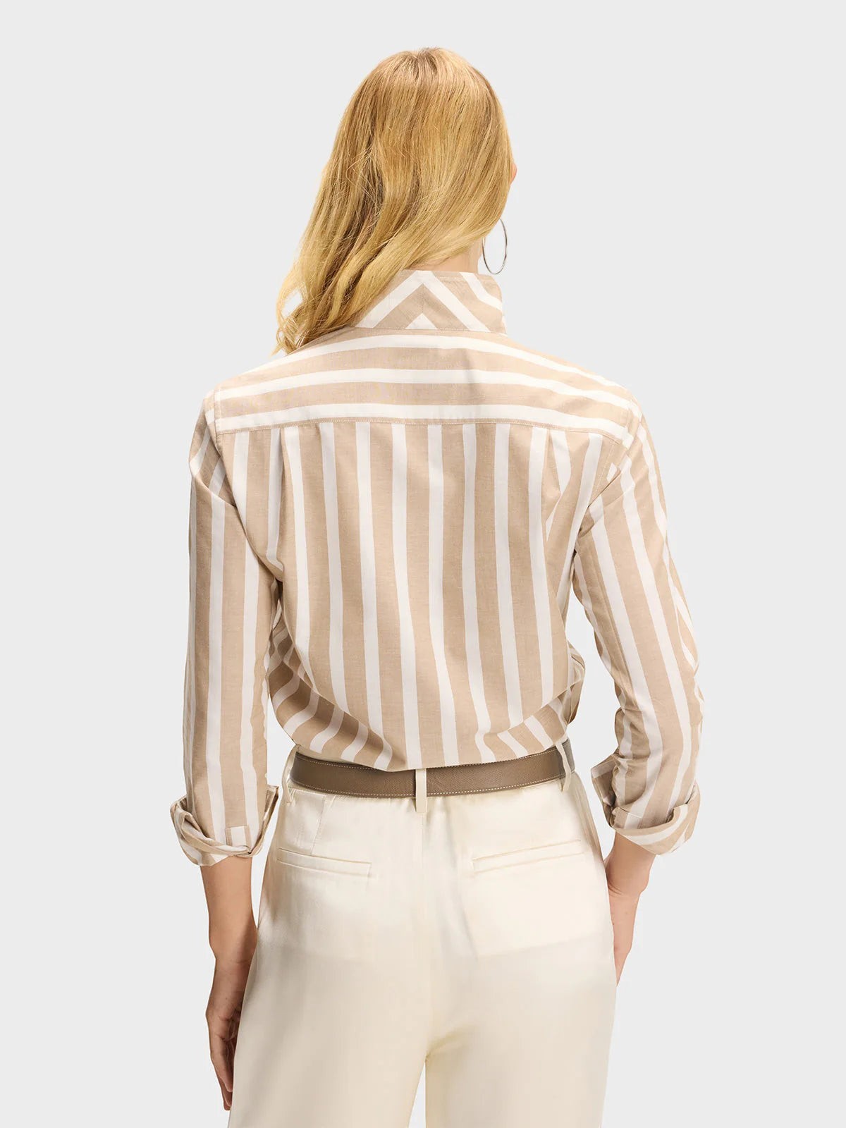 Button Down SF khaki and white striped organic cotton and linen shirt with flared collar and chamfer cuffs.
