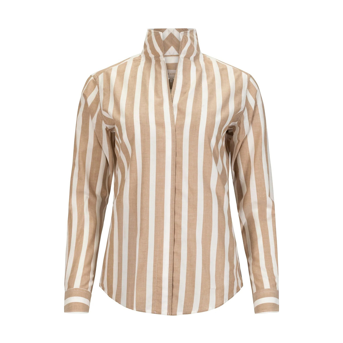 Button Down SF khaki and white striped organic cotton linen shirt with flared collar and chamfer cuffs.