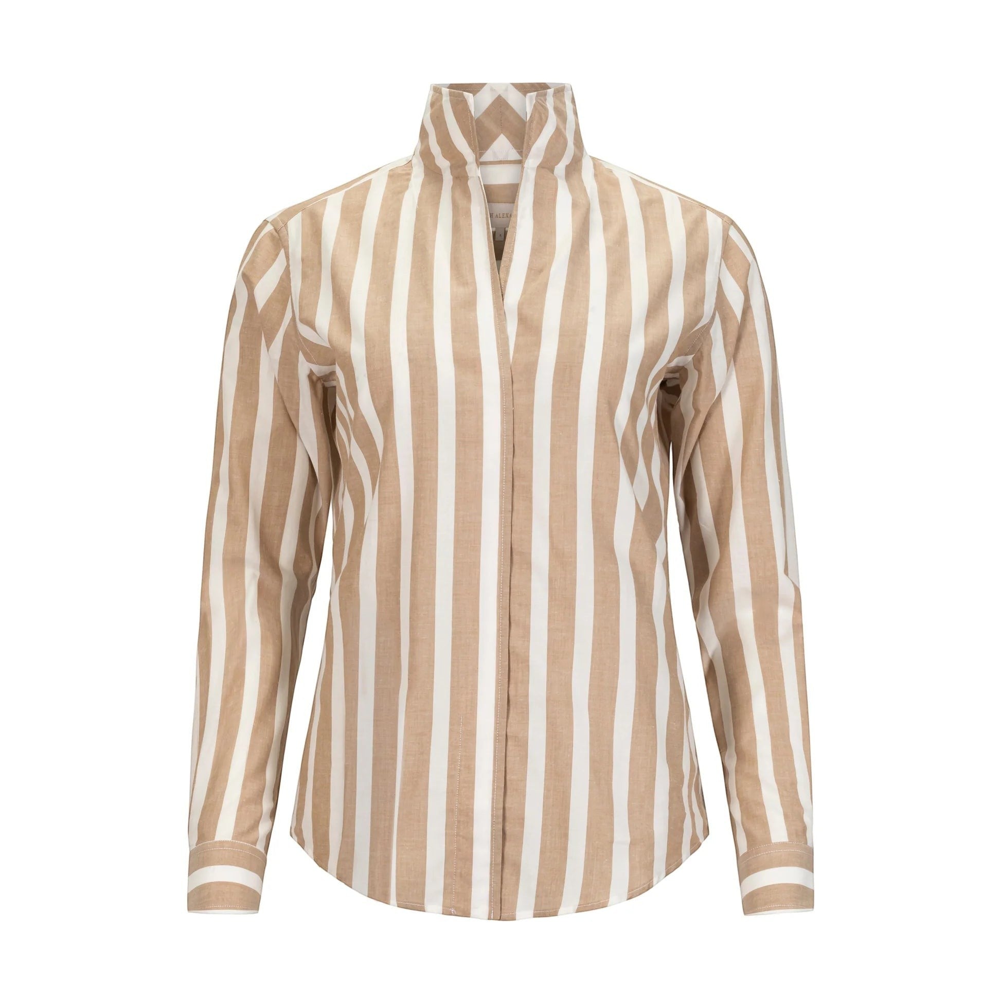 Button Down SF khaki and white striped organic cotton linen shirt with flared collar and chamfer cuffs.