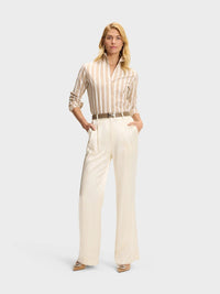 Button Down SF khaki and white striped organic cotton and linen shirt with a flared collar and concealed button placket.