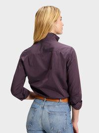 Button Down SF brown and navy stripe 100% cotton shirt with flared collar and chamfer cuffs.