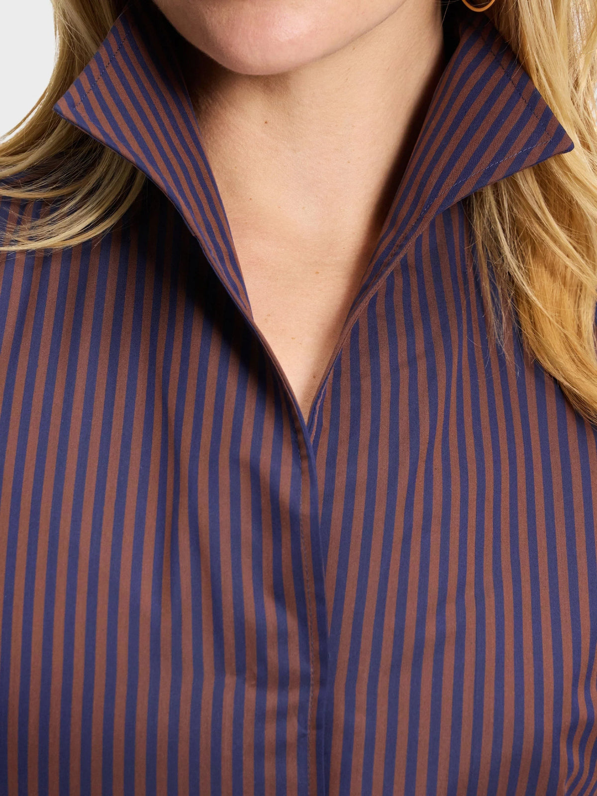 Button Down SF brown and navy blue striped cotton shirt with a flared collar and concealed front placket.