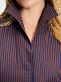 Button Down SF brown and navy blue striped cotton shirt with a flared collar and concealed front placket.