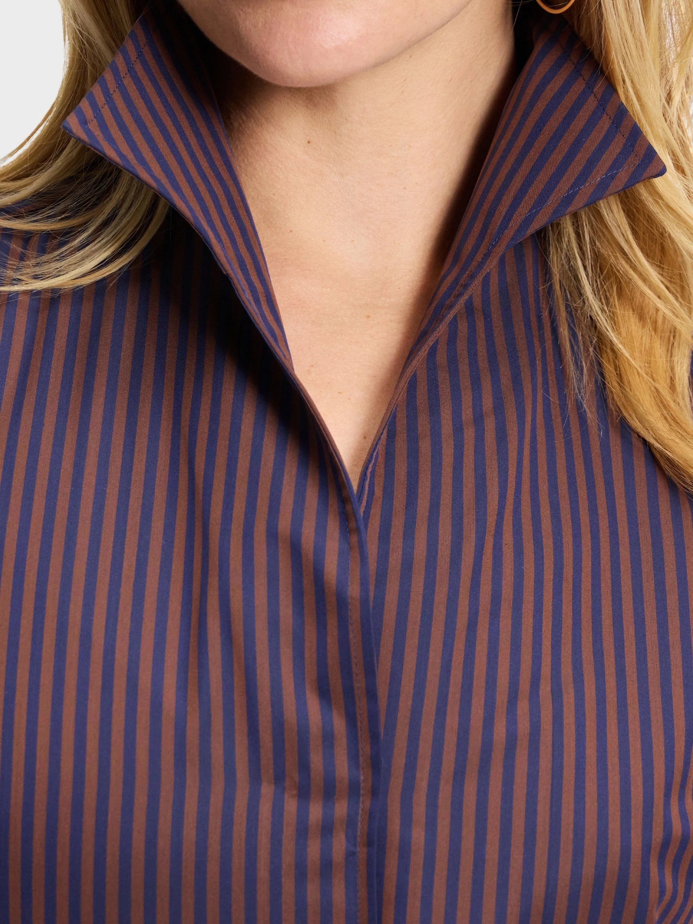 Button Down SF brown and navy blue striped cotton shirt with a flared collar and concealed front placket.
