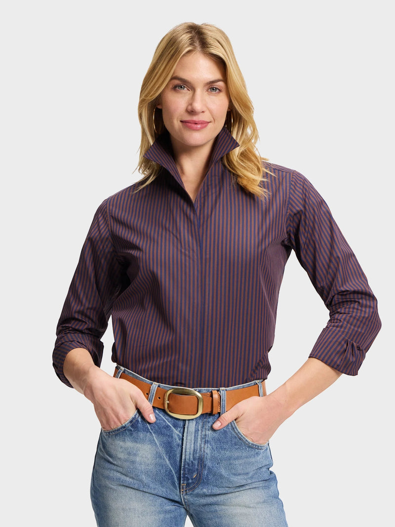 Button Down SF brown and navy stripe 100% cotton shirt with flared collar and concealed button placket.