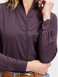 Button Down SF brown and navy blue striped 100% cotton shirt with flared collar and chamfer cuffs.