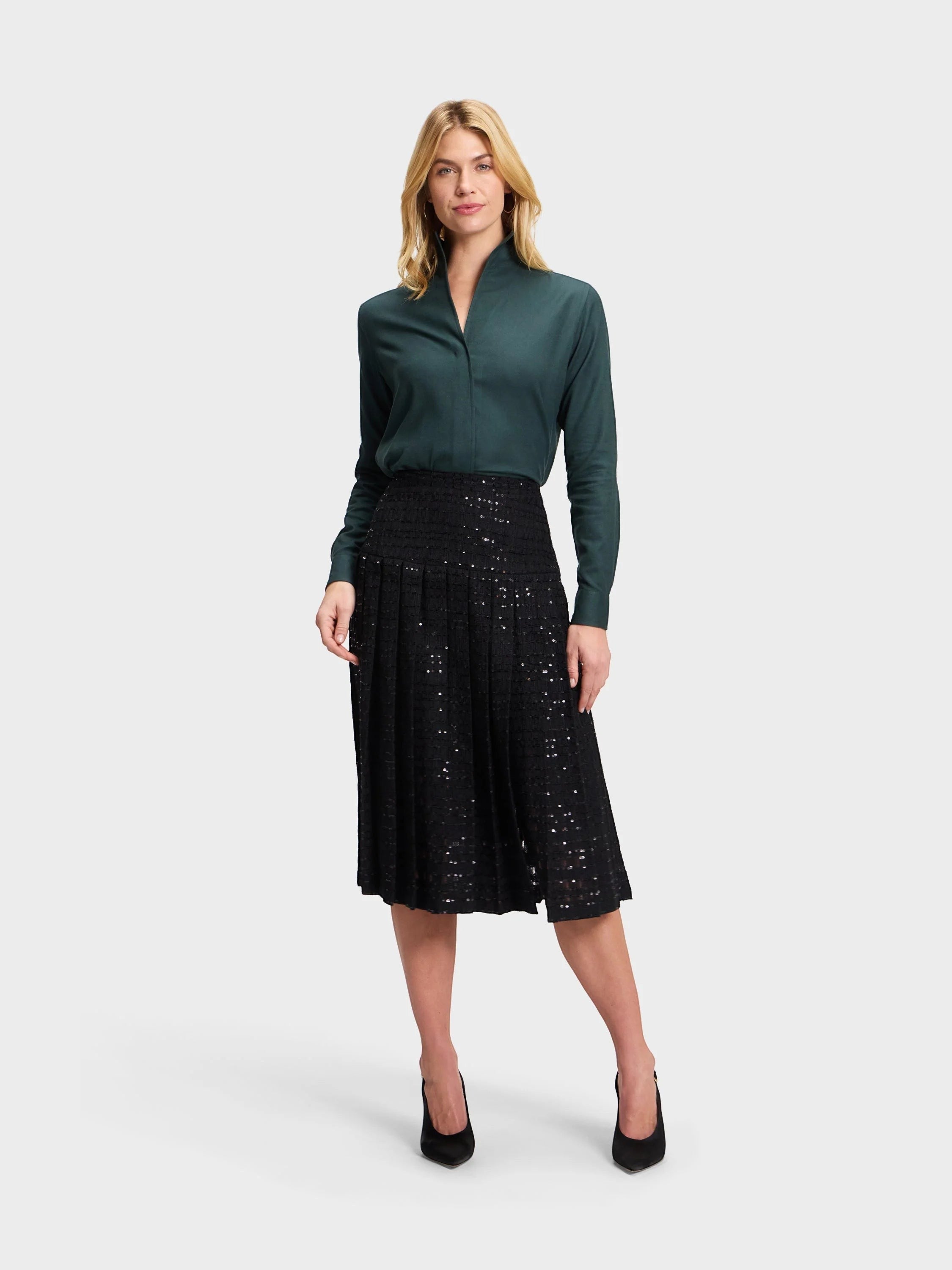 Button Down SF dark teal 100% cotton signature shirt with flared collar, concealed placket, and chamfer cuffs.