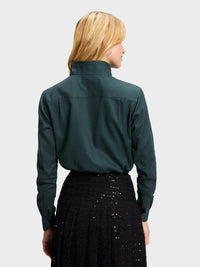 Button Down SF dark teal 100% cotton signature shirt with flared collar, concealed placket, and chamfer cuffs.