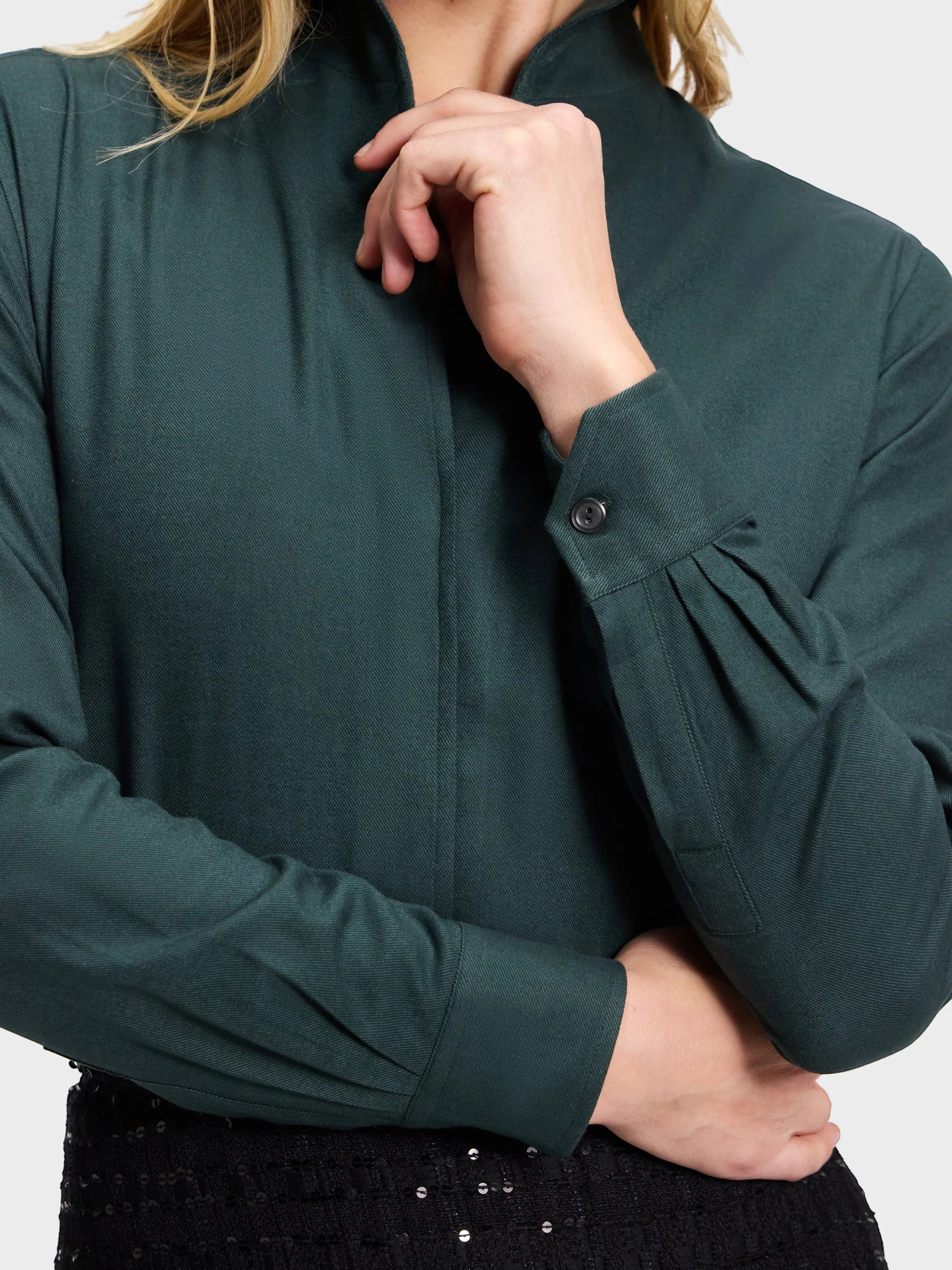 Button Down SF dark teal cotton flannel shirt with a unique flared collar, concealed placket, and chamfer cuffs.