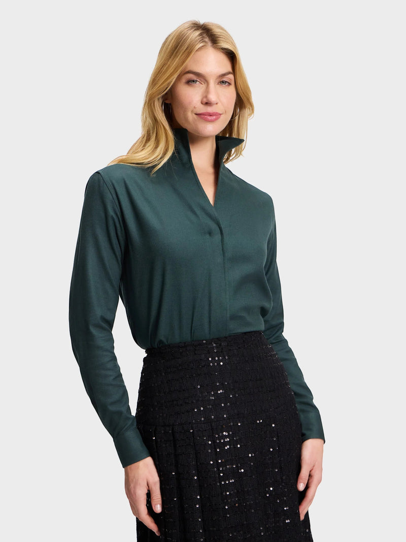 Button Down SF dark teal 100% cotton signature shirt with a unique flared collar and chamfer cuffs.