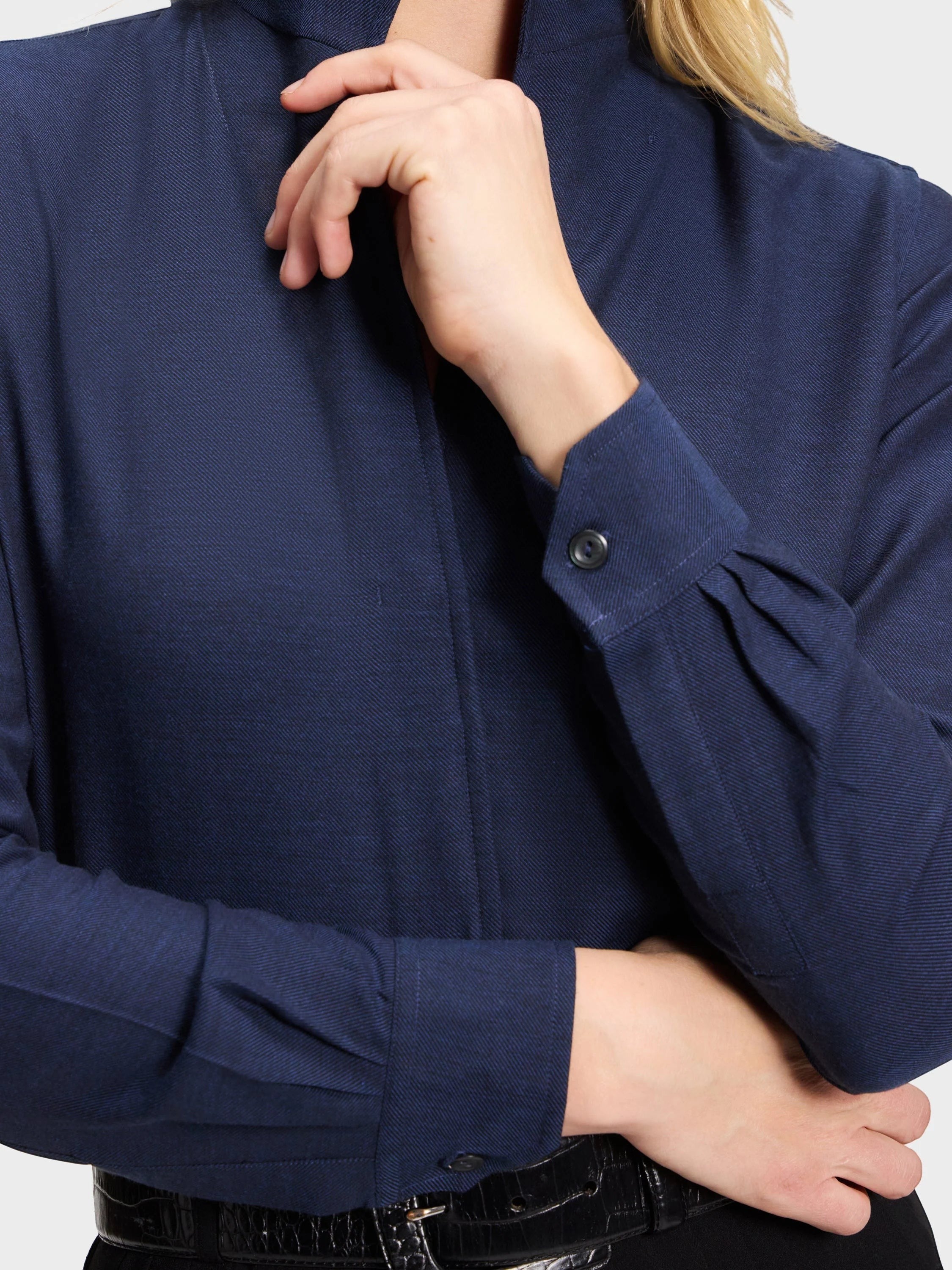 Button Down SF navy blue cotton cashmere flannel shirt with flared collar, concealed placket, and chamfer cuffs.
