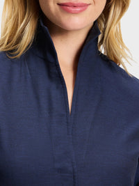 Button Down SF navy blue cotton and cashmere flannel shirt with a dramatic flared collar and concealed button placket.