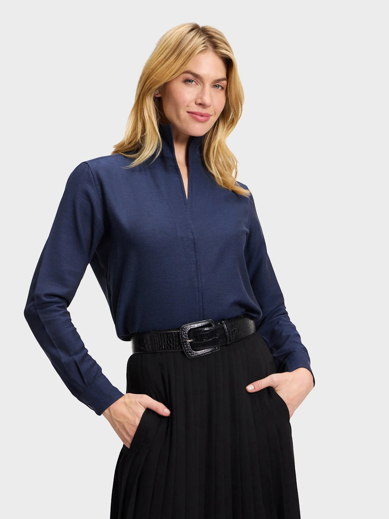 Button Down SF navy blue cotton and cashmere flannel shirt with a unique flared collar and chamfer cuffs.
