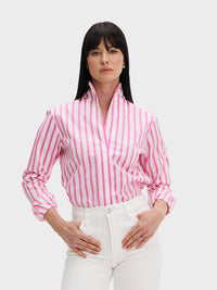 Button Down SF pink and white striped Italian cotton shirt with flared collar and tailored fit.