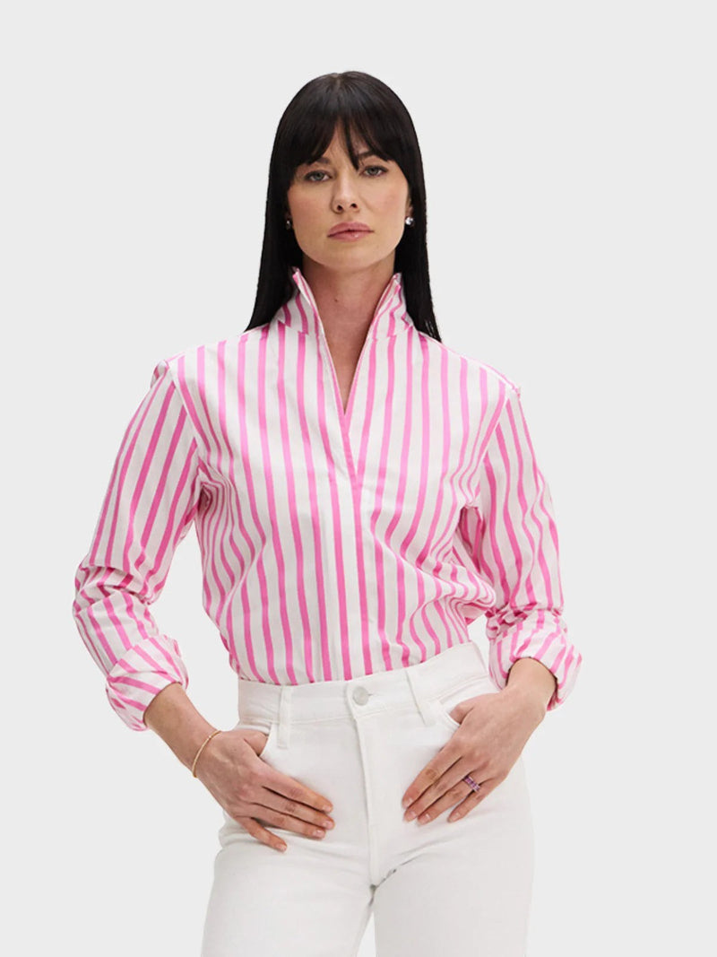Button Down SF pink and white striped Italian cotton shirt with flared collar and tailored fit.