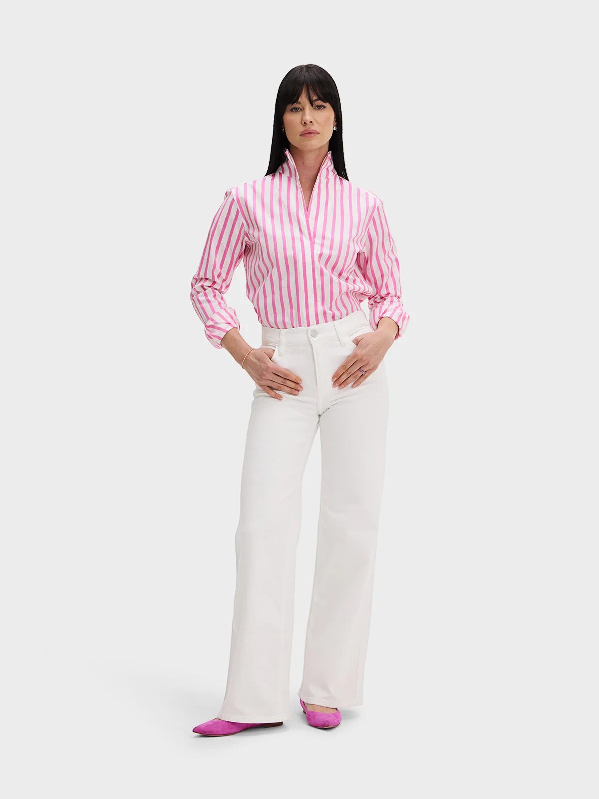 Button Down SF pink and white striped Italian cotton shirt with flared collar and chamfer cuffs.