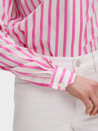 Button Down SF pink and white striped Italian cotton shirt with flared collar, long sleeves, and chamfer cuffs.