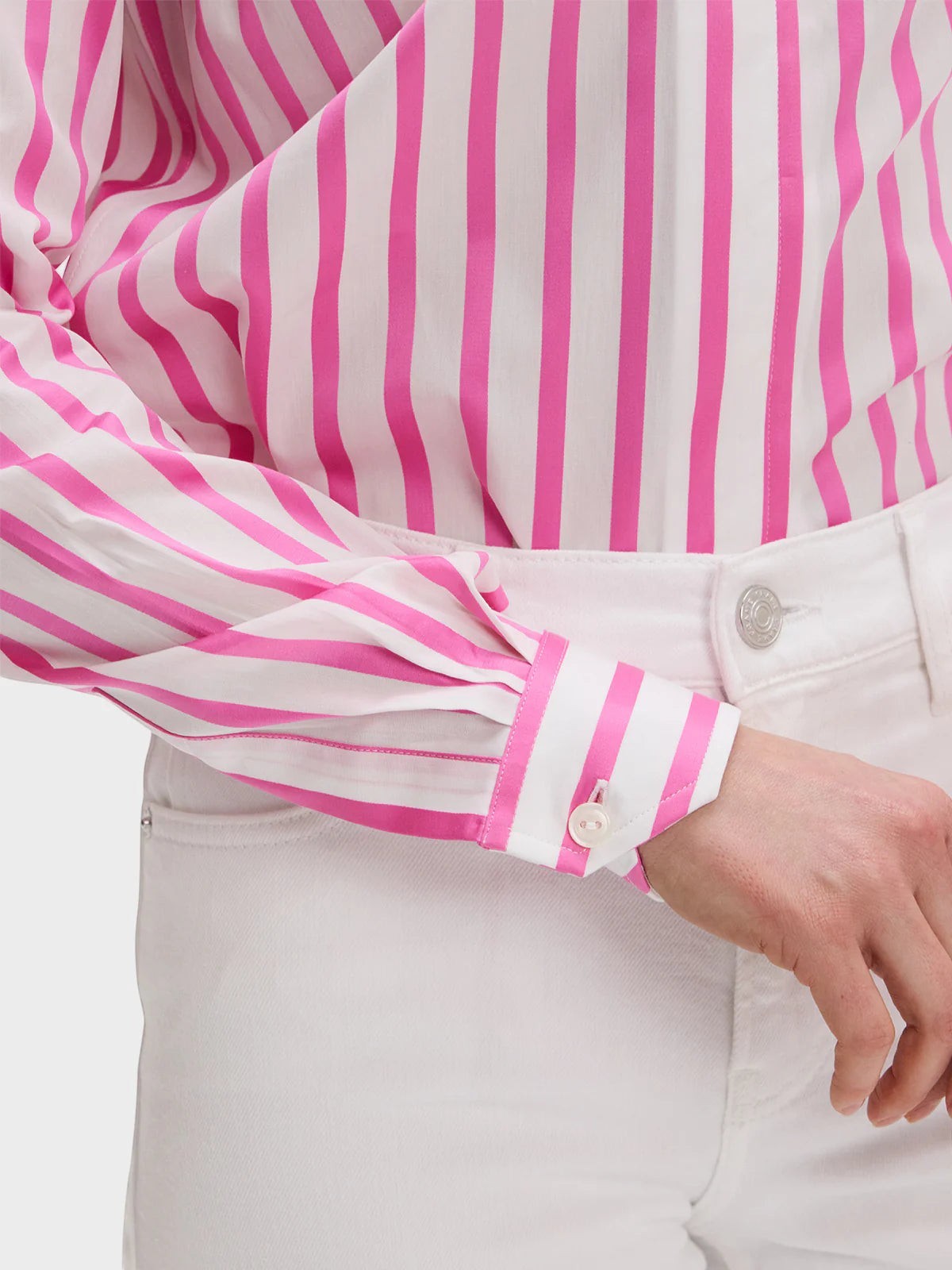Button Down SF pink and white striped Italian cotton shirt with flared collar, long sleeves, and chamfer cuffs.