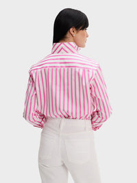 Button Down SF pink and white striped Italian cotton shirt with flared collar and long sleeves.