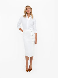 Button Down SF white cotton pique shirt with flared collar, concealed placket, and chamfer cuffs. Tailored fit.