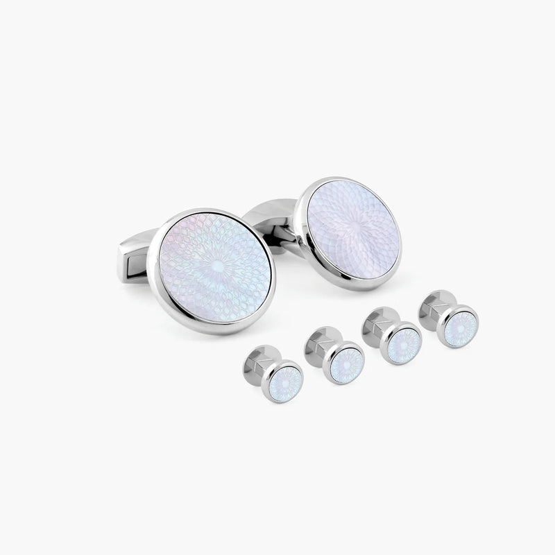TATEOSSIAN ROTONDO GUILLOCHE CUFFLINKS AND STUDS SET - WHITE MOTHER OF PEARL AND STAINLESS STEEL