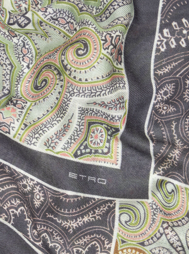 ETRO WOOL, CASHMERE & SILK SHAWL - GREEN / BLACK