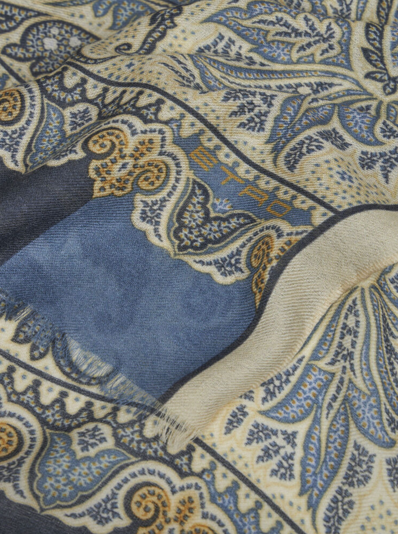 ETRO WOOL, CASHMERE & SILK SCARF - BLUE / CREAM