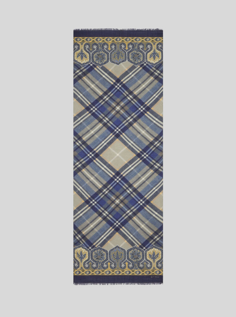 ETRO WOOL & SILK SCARF - NAVY PLAID