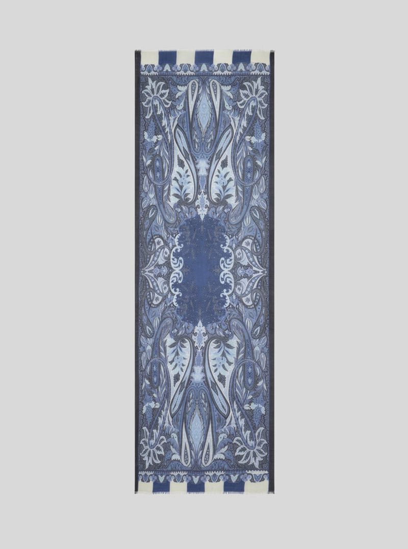 ETRO WOOL, CASHMERE & SILK SCARF - BLUE / WHITE