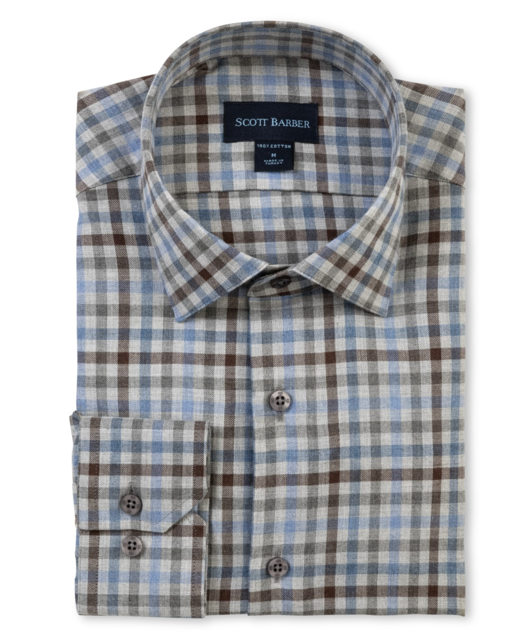 SCOTT BARBER BRUSHED COTTON LIGHTWEIGHT GINGHAM MEN’S SHIRT - GREY HEATHER