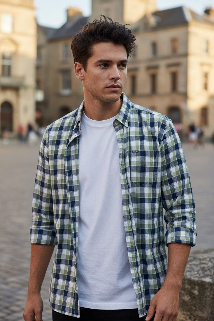 BARBOUR HARWOOD GINGHAM TAILORED SHIRT - OLIVE