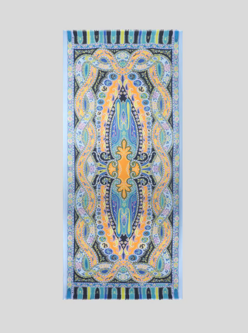 ETRO WOOL/SILK SCARF - MULTICOLOR ON BLUE