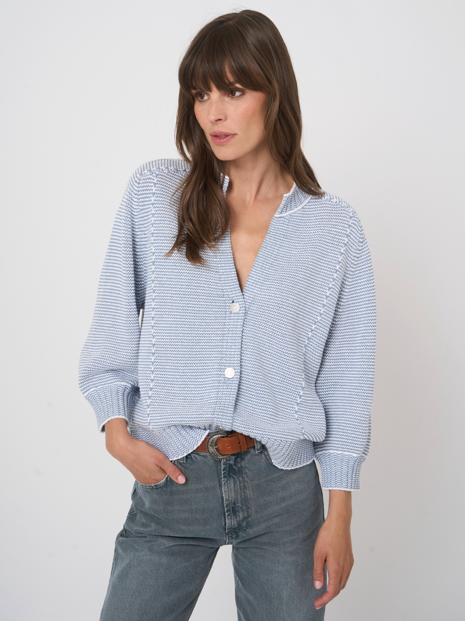 REPEAT STRIPE STITCH CARDIGAN - DENIM