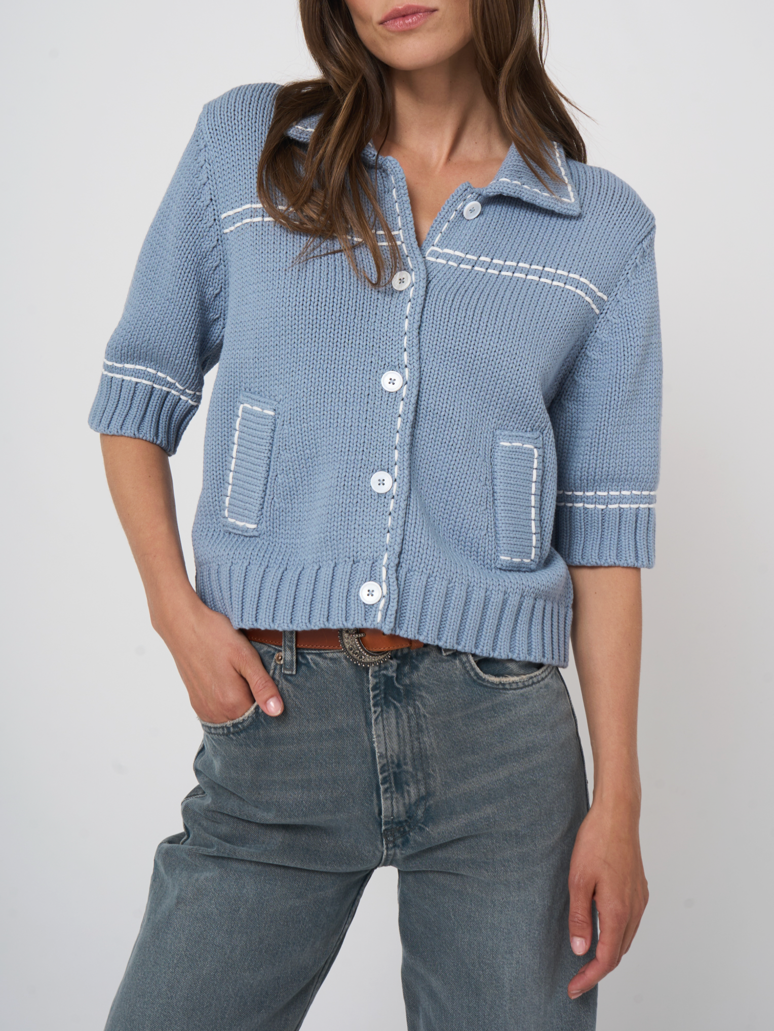 REPEAT WHIP STITCH CARDIGAN - DENIM