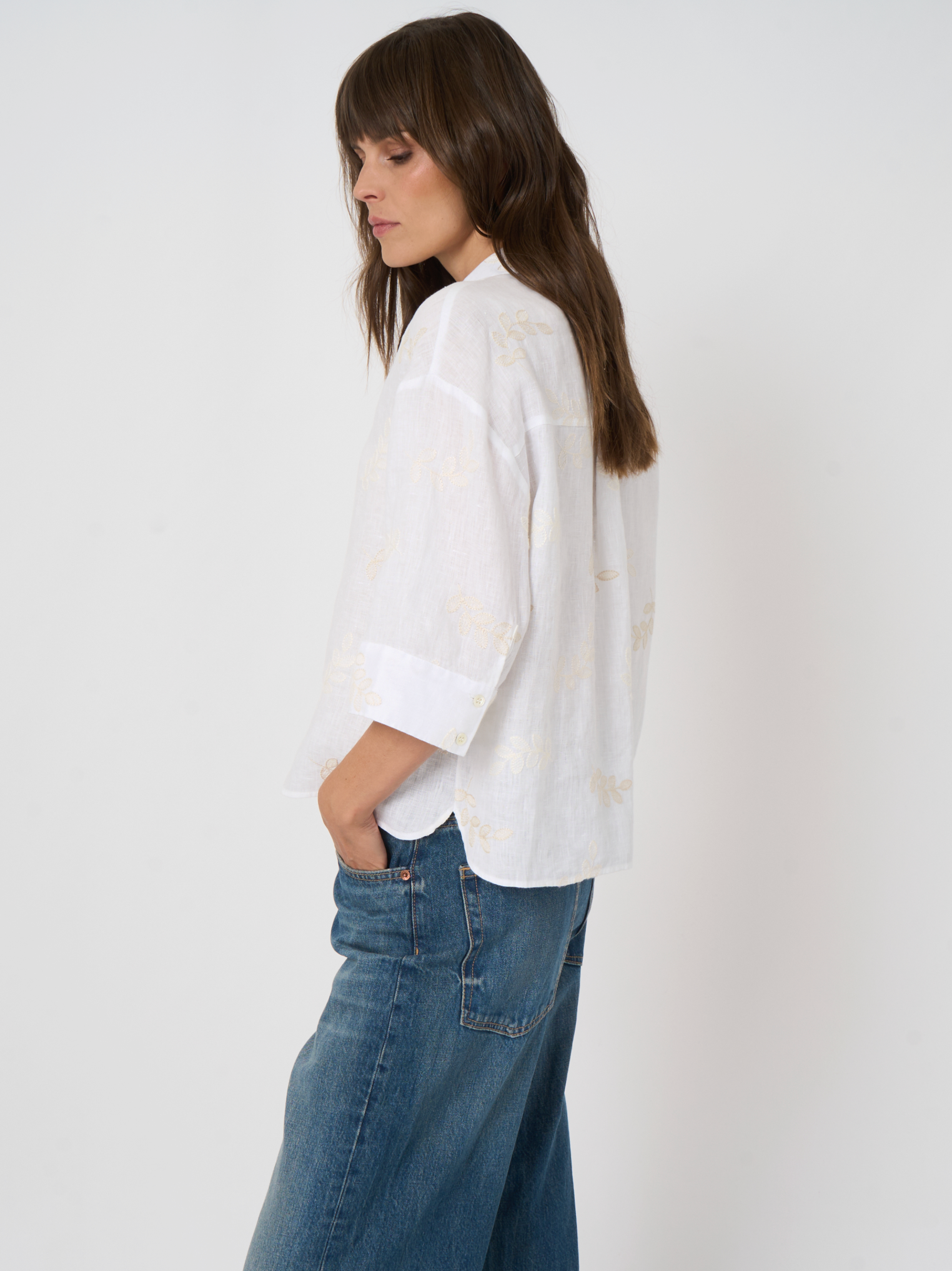 REPEAT LINEN BLOUSE WITH FLORAL EMBROIDERY - WHITE
