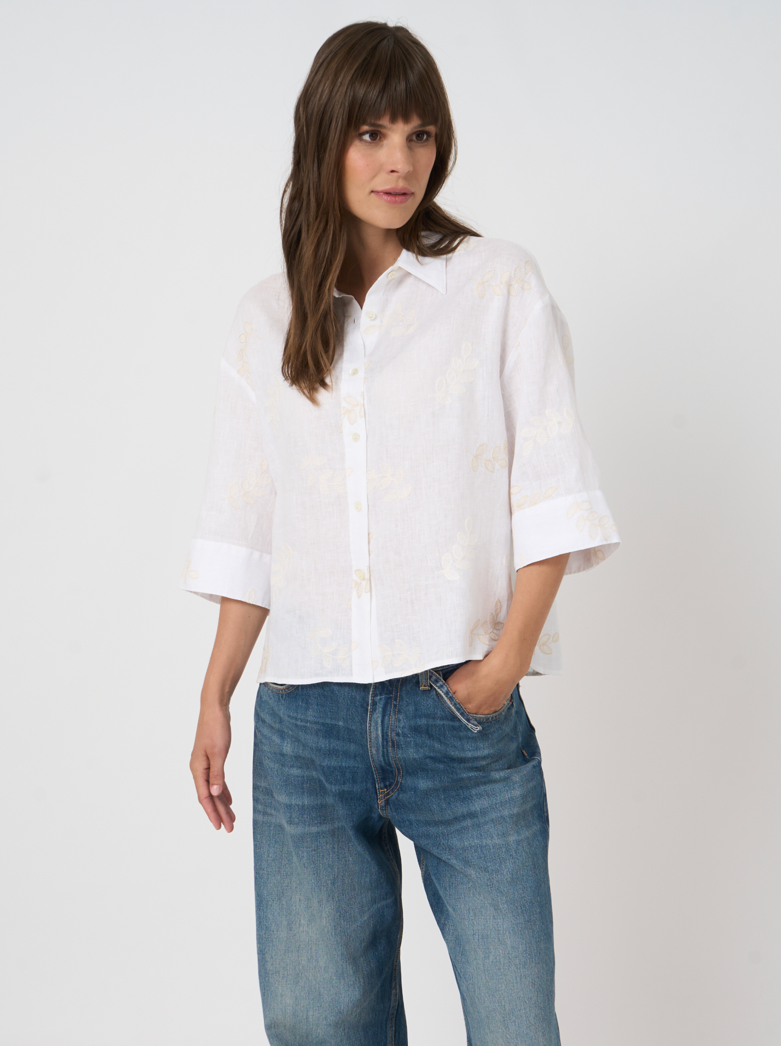 REPEAT LINEN BLOUSE WITH FLORAL EMBROIDERY - WHITE