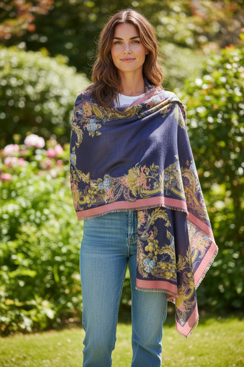 ETRO WOOL & SILK WRAP - NAVY FLORAL