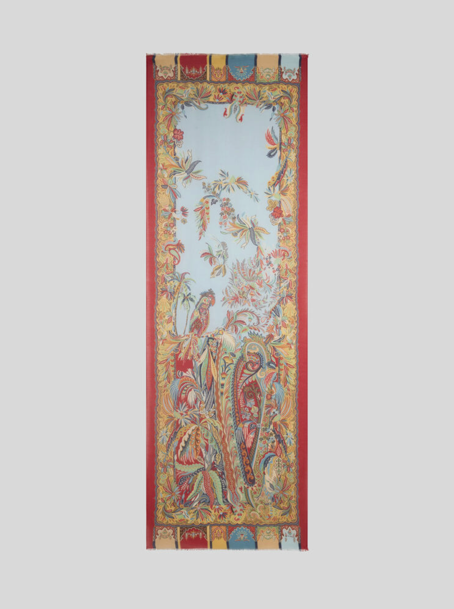 ETRO MODAL & CASHMERE SCARF - RED & YELLOW ON PALE BLUE