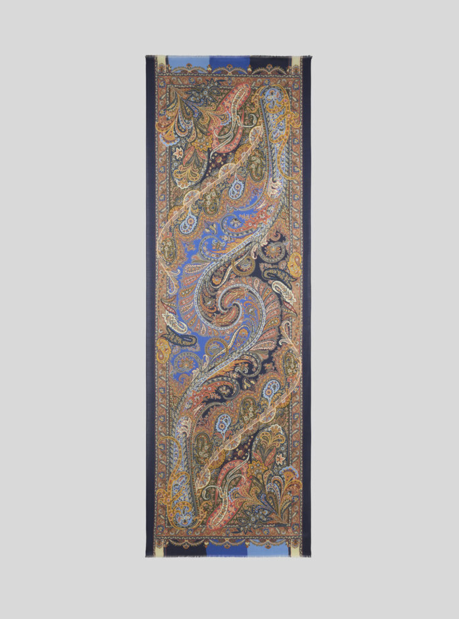 ETRO CASHMERE & SILK SCARF - ORANGE PAISLEY ON BLUE